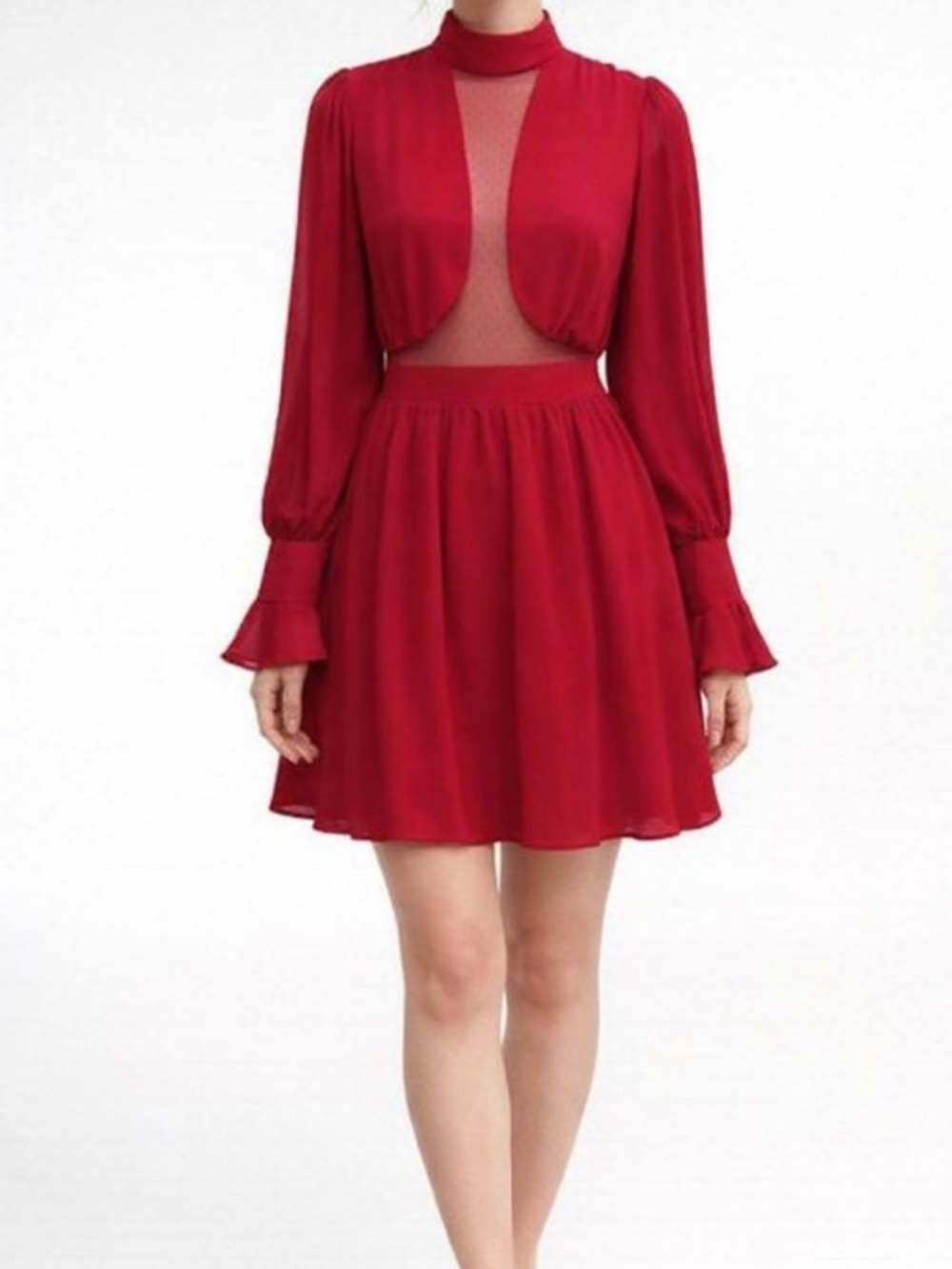 Y2K Backless Red Chiffon Dress French Ruffle Cuffs Size Small